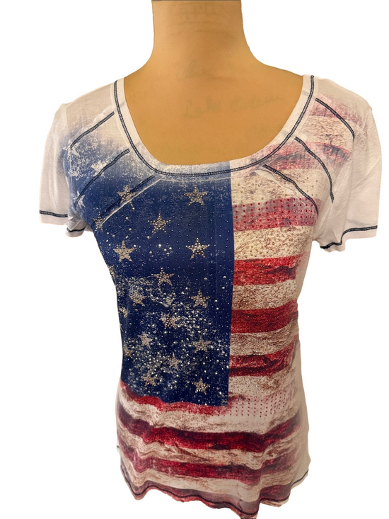 Cato Tops - Women's American Flag Scoop Neck Tee - White/Red/Blue